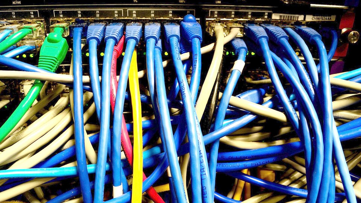 ネットワークスイッチにつながる多数のLANケーブル(イメージ)