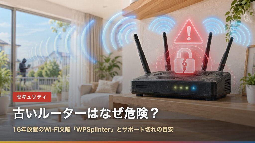 警告マークが浮かぶ古いWi-Fiルーターと窓の外の人影（古いルーターはなぜ危険？16年放置の欠陥WPSplinterと対策）