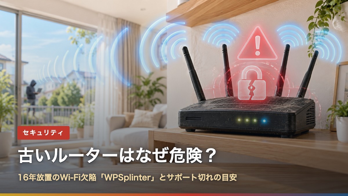 警告マークが浮かぶ古いWi-Fiルーターと窓の外の人影(古いルーターはなぜ危険?16年放置の欠陥WPSplinterと対策)
