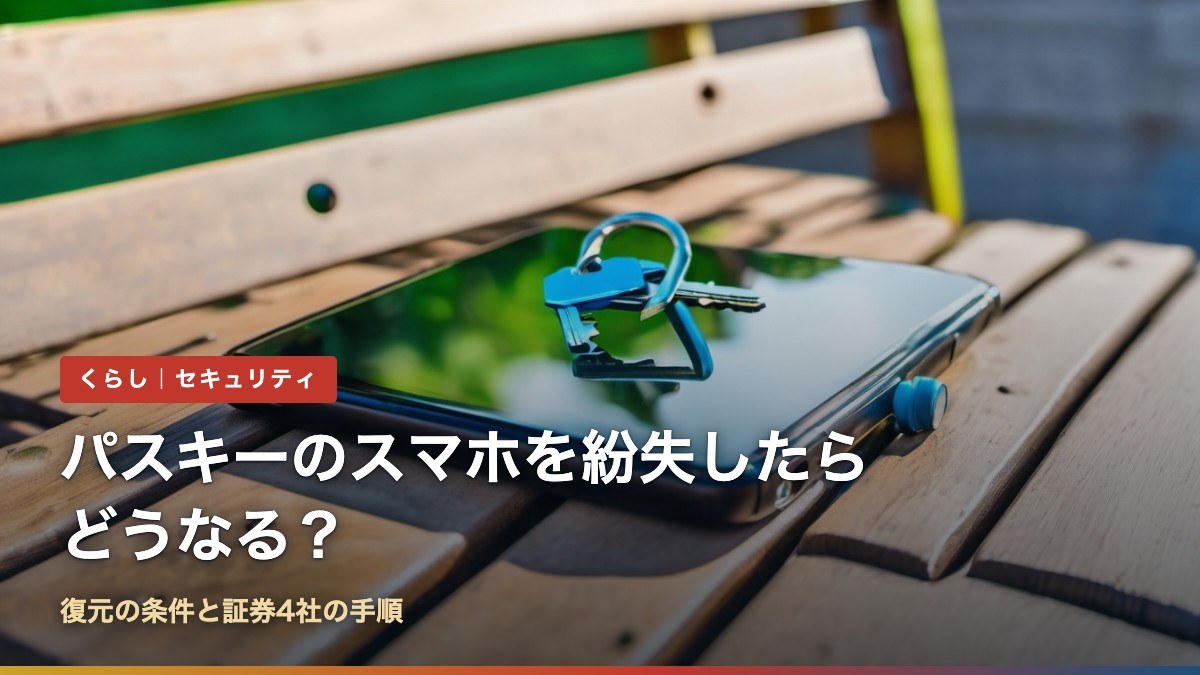 パスキーを設定したスマホを紛失したらどうなるかを解説する記事のアイキャッチ(ベンチに置かれたスマホと鍵)