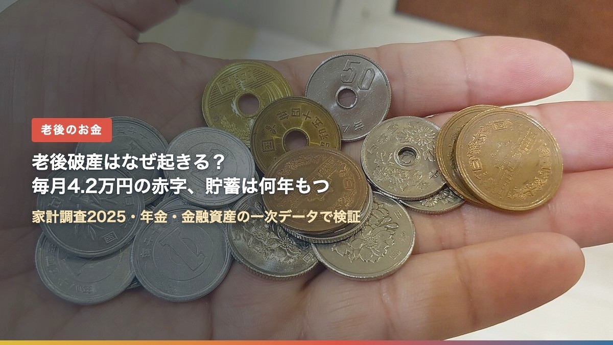 手のひらにのせた日本の硬貨(老後破産はなぜ起きる?家計調査で毎月4.2万円の赤字)
