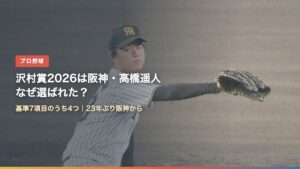 投球する阪神・高橋遥人投手（2026年9月）とタイトル文字（沢村賞2026は阪神・高橋遥人｜なぜ選ばれた？基準7項目中4つで受賞）