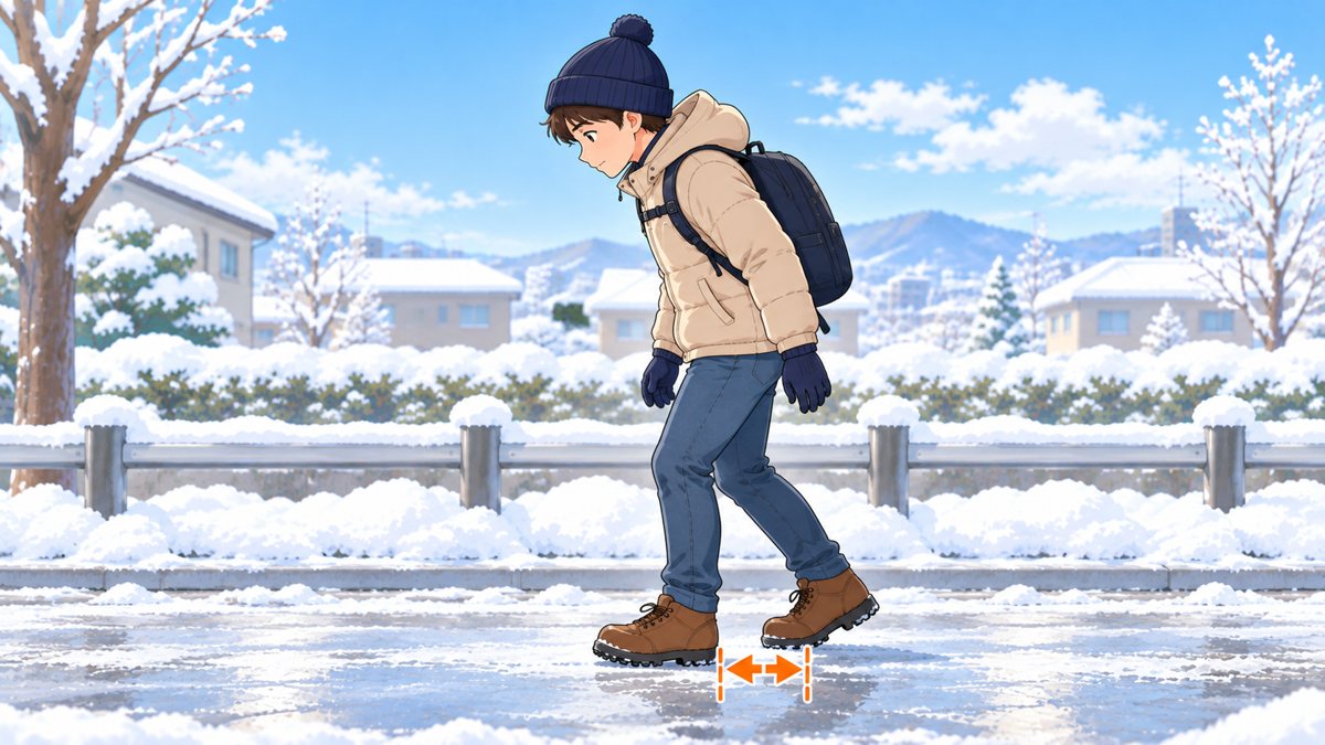 雪の積もった歩道を横から見た図。人が小さな歩幅で、靴の裏全体を路面につけて歩いている。体はやや前に傾き、進む向きと着地をオレンジの矢印で示している