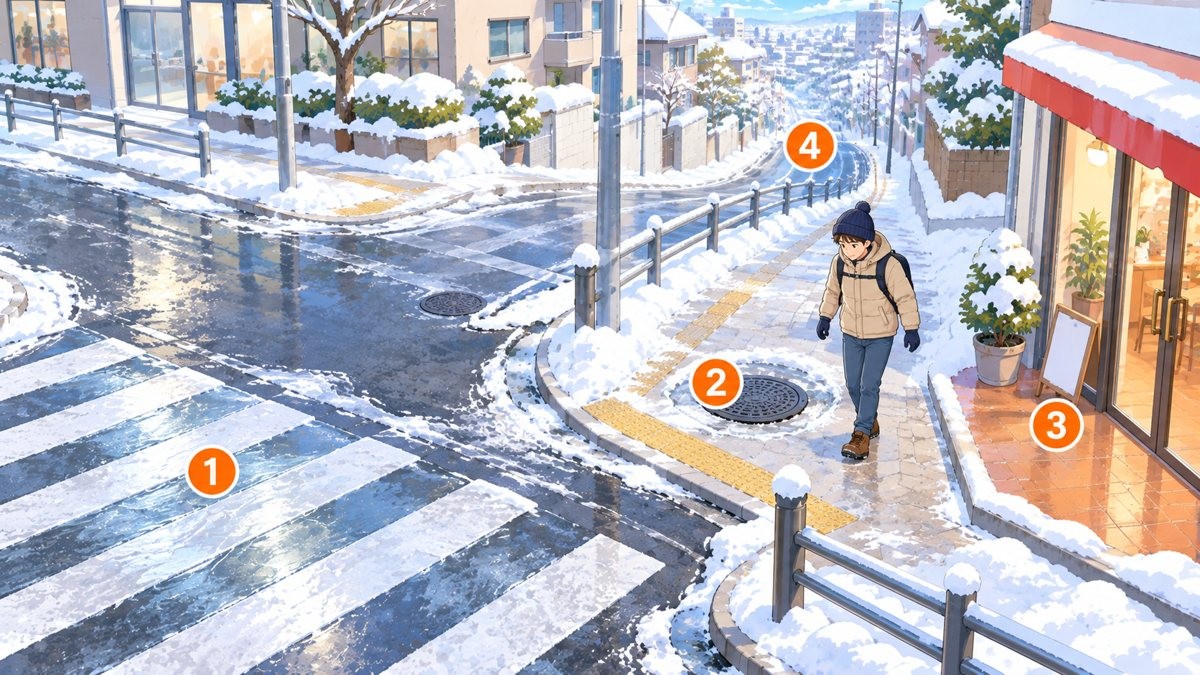 雪の積もった街の通りの図。横断歩道の白線に1、歩道のマンホールのふたに2、タイル張りの店の出入口に3、下り坂に4のオレンジ色の丸数字が付いている