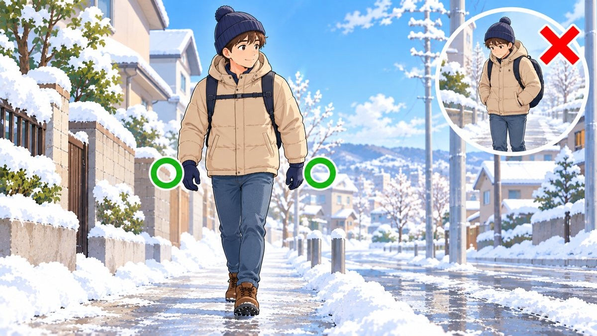 雪の歩道をリュックを背負って歩く人の図。両手には手袋をしていて、手はポケットに入れずに体の横で空けている。毛糸の帽子をかぶっている