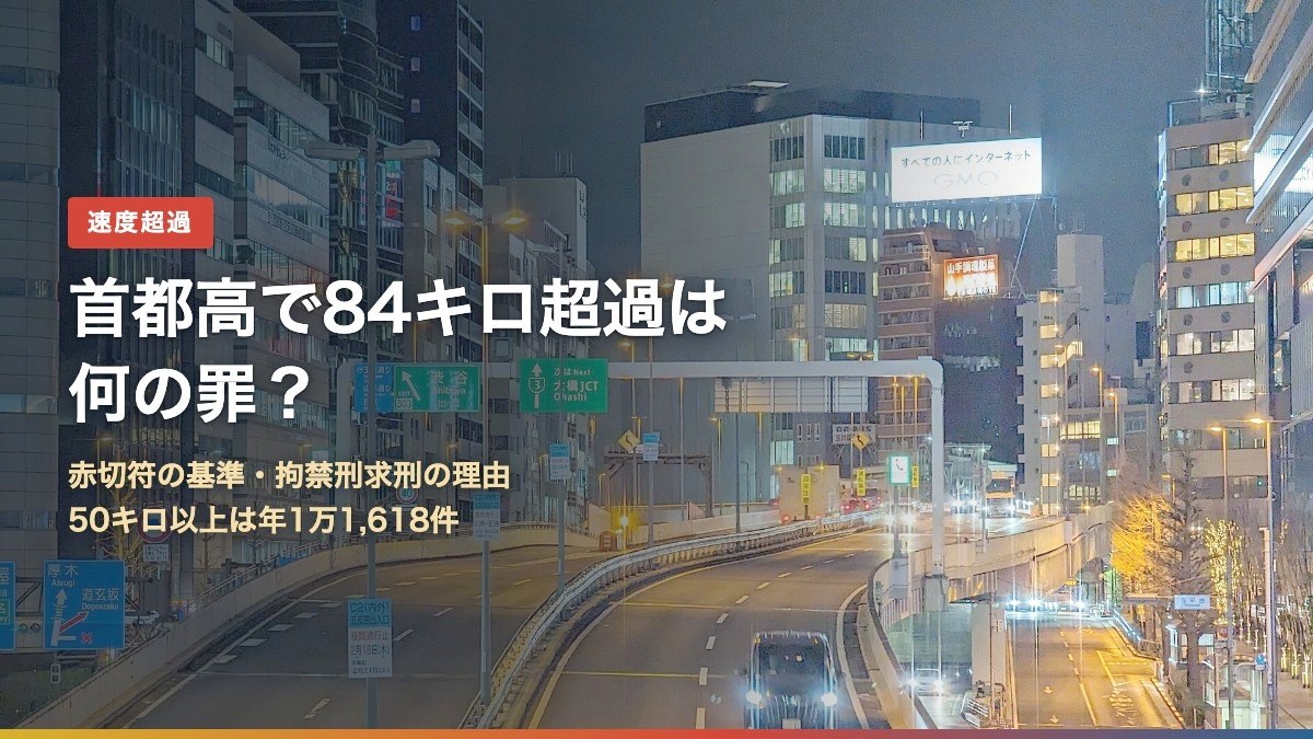 夜の首都高と「首都高で84キロ超過は何の罪?」の文字