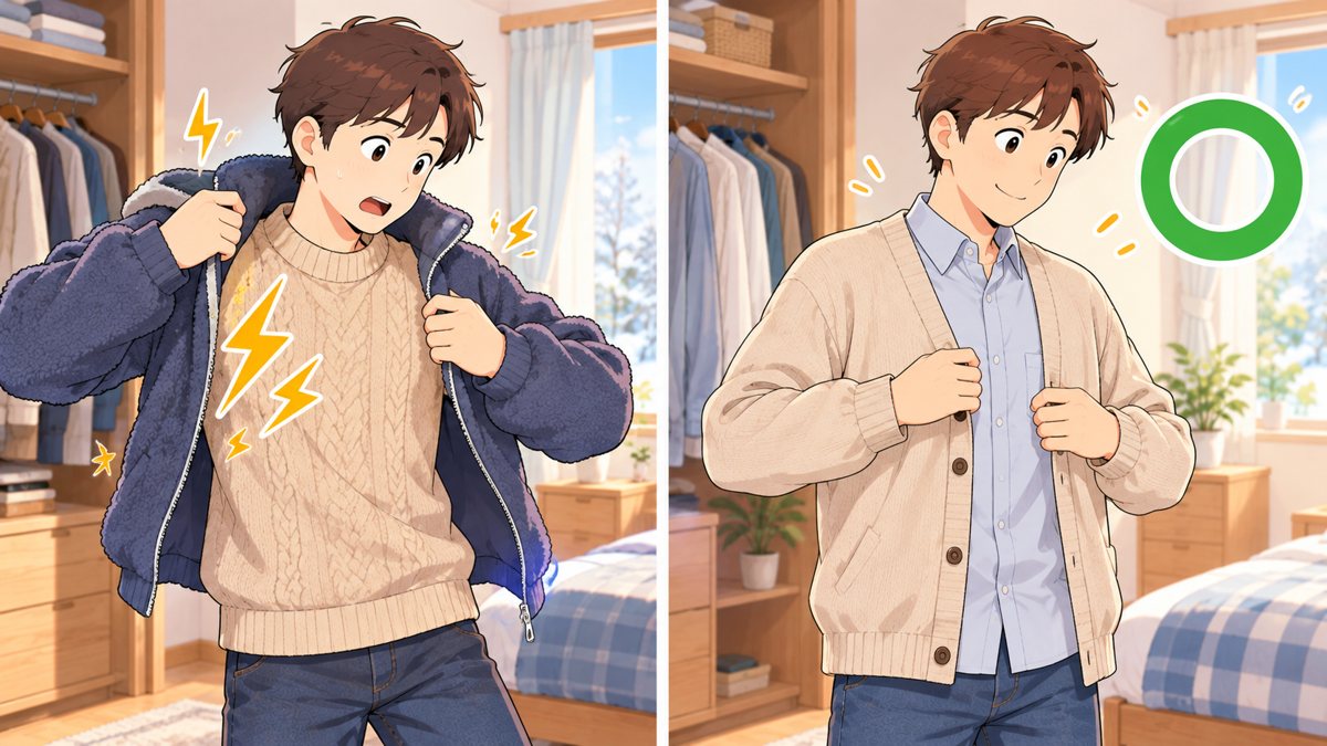 左にウールのセーターと化学繊維のフリースを重ねた組み合わせ、その上に黄色の稲妻マーク。右に綿のシャツと綿のカーディガンの組み合わせ、その上に緑の丸印