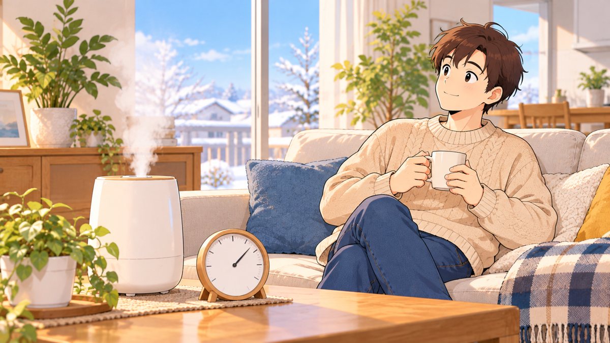 加湿器が白い湯気を出し、窓辺に観葉植物が置かれた明るいリビング。ソファとラグがあり、冬の日差しが差し込んでいる