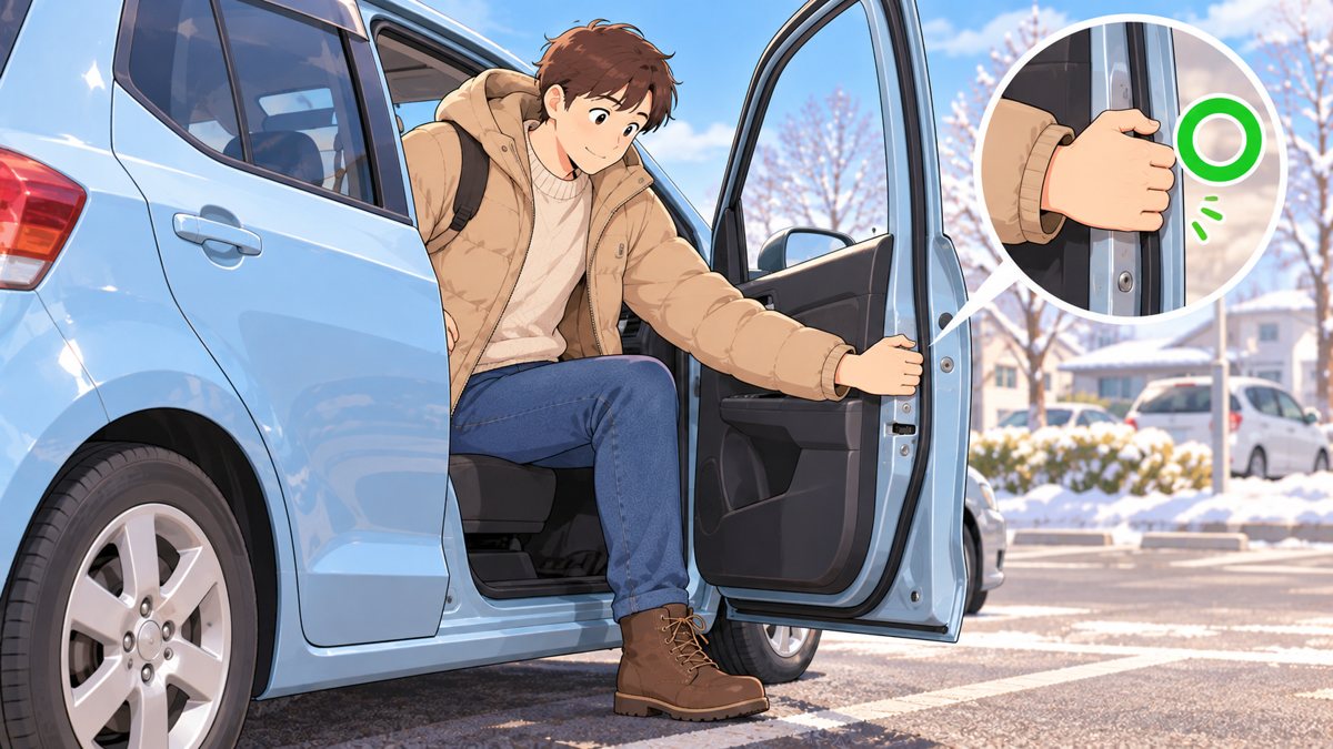 車の運転席から降りる人が、開いたドアの金属の枠を手でつかんだまま、片足を地面につけている