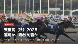 天皇賞（秋）2026 連覇か、春秋制覇かの題字と、2025年天皇賞（秋）のゴール前の写真