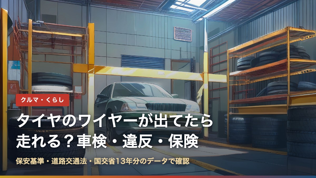 タイヤのワイヤーが出てたら走れる?車検・違反・保険(整備工場のイラスト)