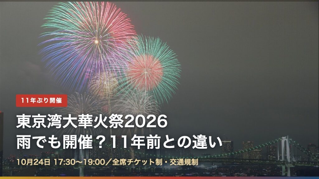 レインボーブリッジの上に上がる東京湾大華火祭の花火（東京湾大華火祭2026は雨でも開催？）
