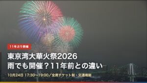 レインボーブリッジの上に上がる東京湾大華火祭の花火（東京湾大華火祭2026は雨でも開催？）