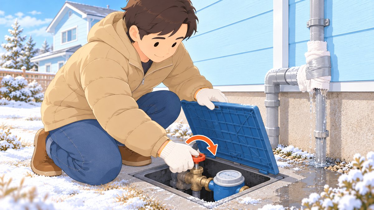 地面の水道メーターボックスのふたを開け、メーター手前の止水栓のハンドルを時計回りに回して閉めている手元。奥の外壁の管には布とテープで応急処置した跡がある