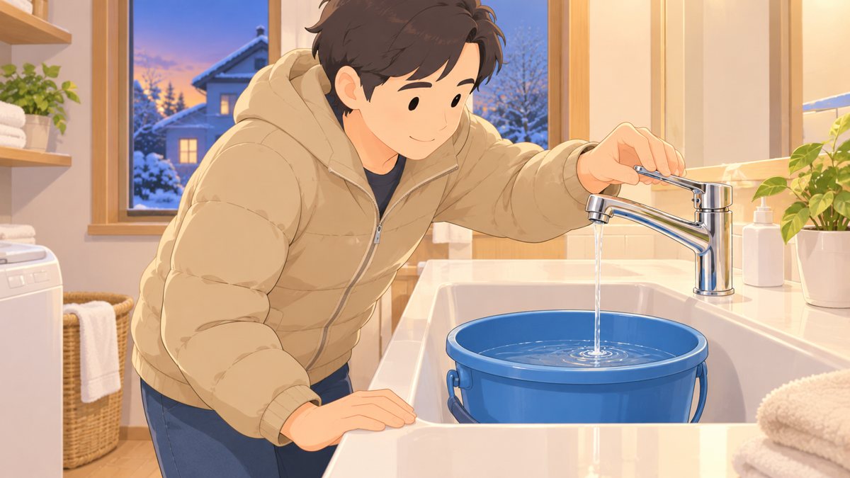 暖かい照明の洗面所で、人が蛇口から細い一本の線のように水を出し、下に置いた青いバケツにためている。窓の外は霜の降りた夕暮れ