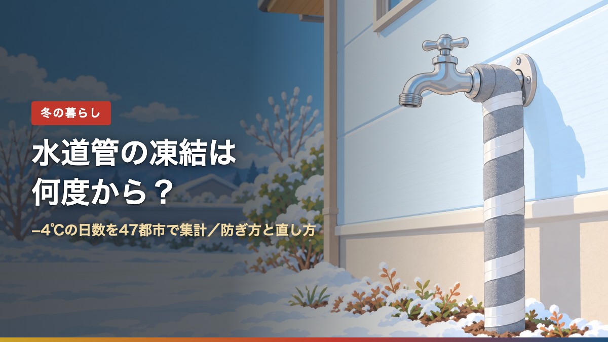 保温チューブとテープを巻いた屋外の蛇口と「水道管の凍結は何度から?」の文字