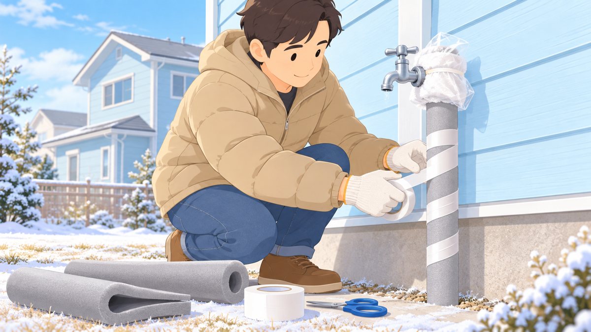 屋外の蛇口の前にしゃがんだ人が、灰色の保温チューブを巻いた配管にビニールテープを下かららせん状に巻いている。蛇口の根元はタオルとビニール袋で覆われている