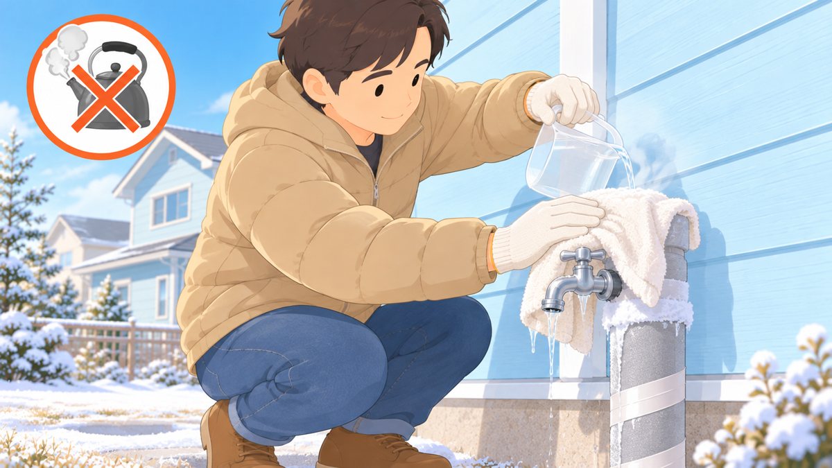 霜とつららが付いた屋外の蛇口にタオルをかぶせ、上から計量ピッチャーでぬるま湯をゆっくり注いでいる。左上に湯気の立つやかんに赤い×印のマーク