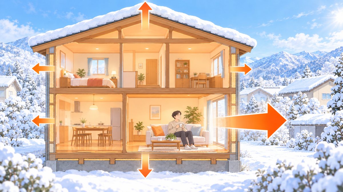 家の断面図。暖房の熱が窓から太いオレンジの矢印で大きく逃げ、壁・屋根・床からは細い矢印で少しだけ逃げている