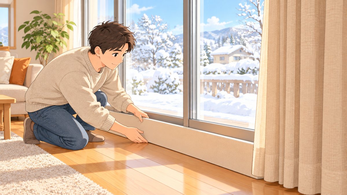 床まで届く厚手のカーテンが閉じられた窓辺と、窓の下に立てて置いた冷気をさえぎるボード