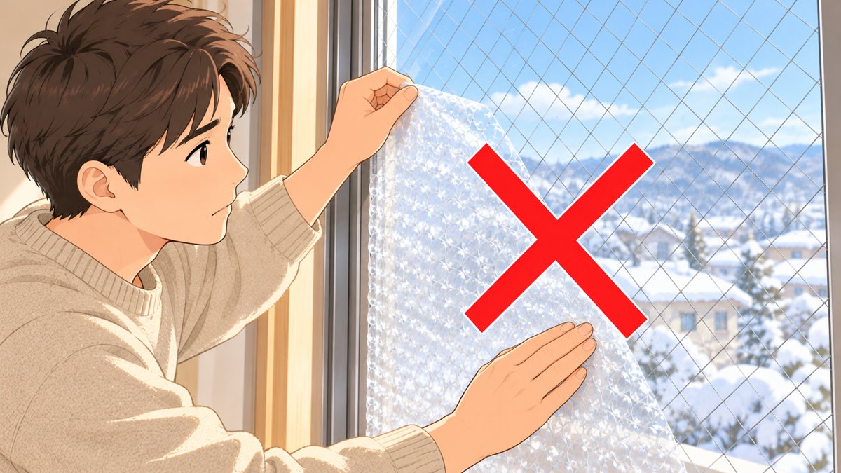 金網の入った窓ガラスに断熱シートを貼ろうとする手と、その上に大きな赤い✕印