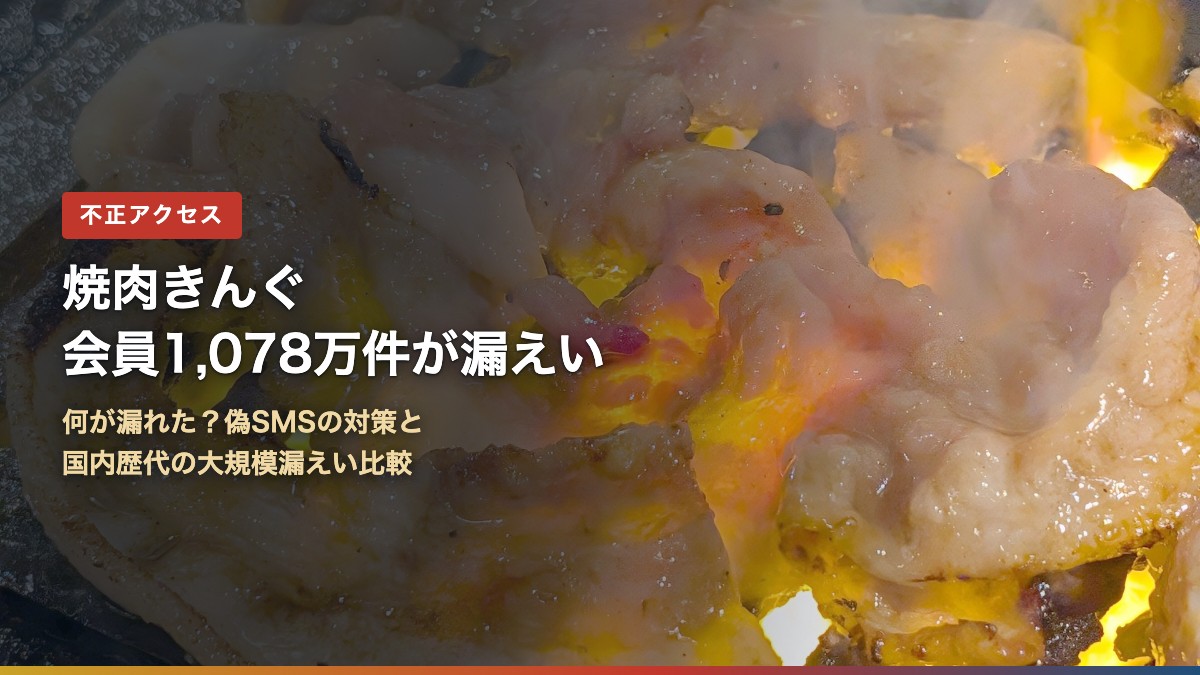 網の上で焼かれる肉と「焼肉きんぐ 会員1,078万件が漏えい」の文字