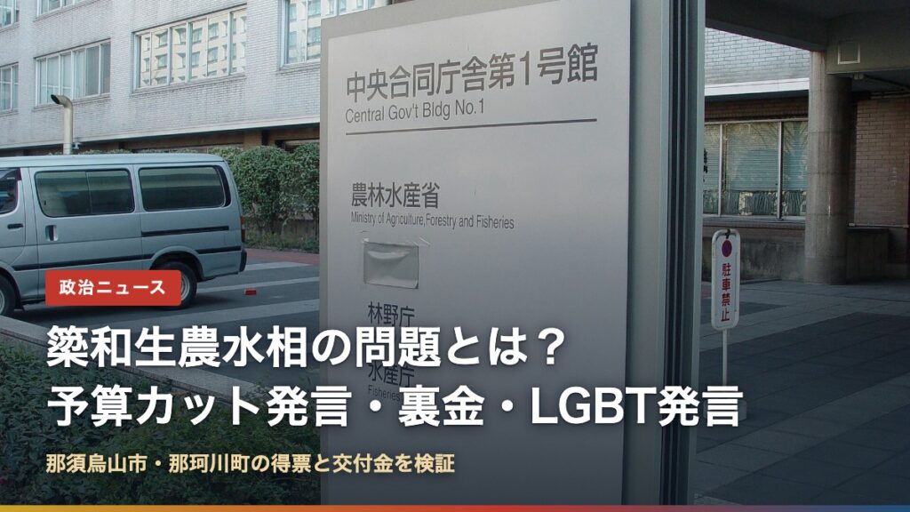 簗和生農水相の問題を整理した記事のアイキャッチ。背景は農林水産省が入る中央合同庁舎第1号館の案内板