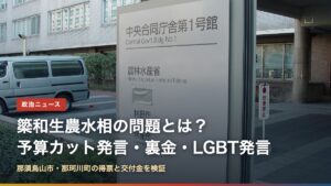 簗和生農水相の問題を整理した記事のアイキャッチ。背景は農林水産省が入る中央合同庁舎第1号館の案内板