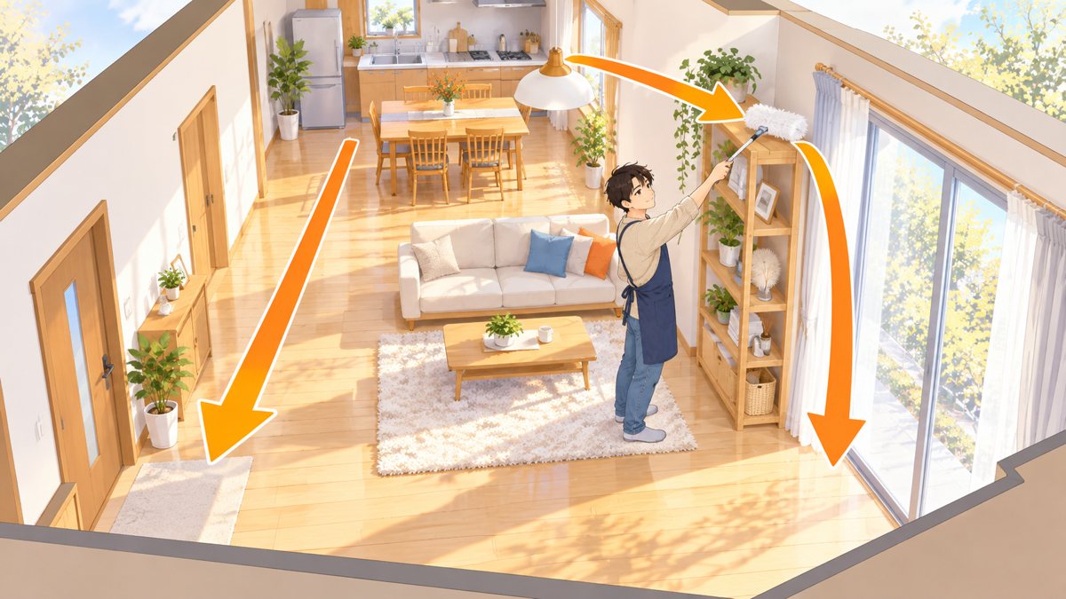部屋の断面図。天井の照明やエアコンから床へ向かう下向きのオレンジの矢印と、部屋の奥から出入口へ向かう横向きのオレンジの矢印で、掃除を進める順番が示されている