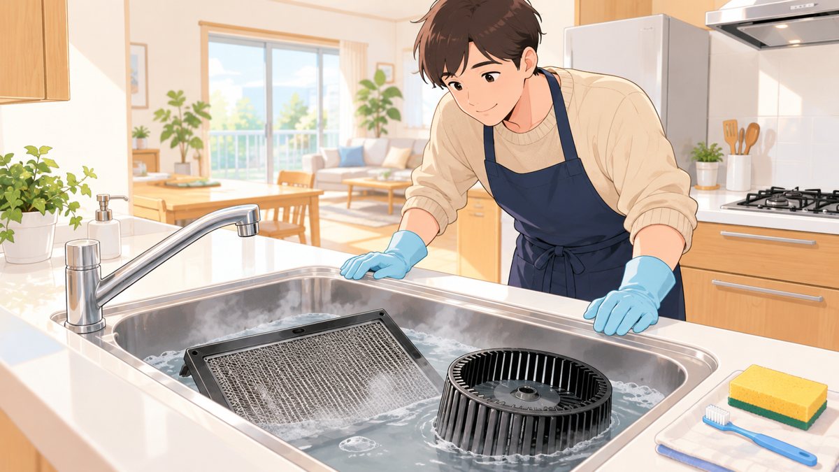 キッチンのシンクにためたぬるま湯に、取り外した換気扇のフィルターとファンを沈めてつけおきしている。そばにゴム手袋とスポンジが置かれている