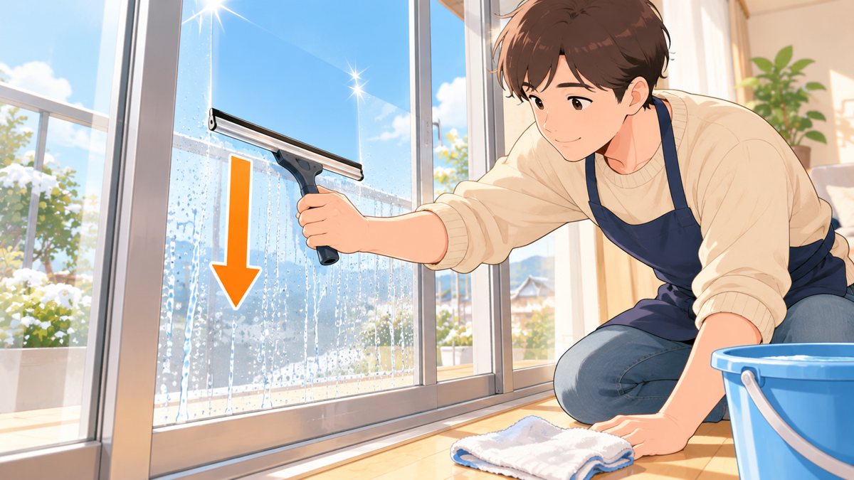 晴れた日の明るい窓辺で、人が窓ガラスの上端に当てたスクイージーを下へ向かって引き、水を切っている