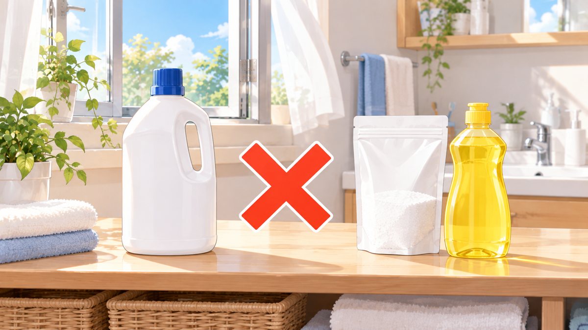白い塩素系の洗剤ボトルと、クエン酸などの酸性の洗剤ボトルが左右に並び、その間に大きな赤い✕印が描かれている。ボトルに文字はない