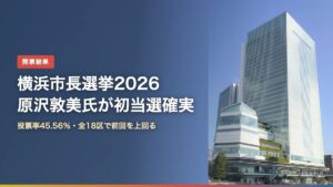 横浜市役所本庁舎の写真に「横浜市長選挙2026 原沢敦美氏が初当選確実」の文字